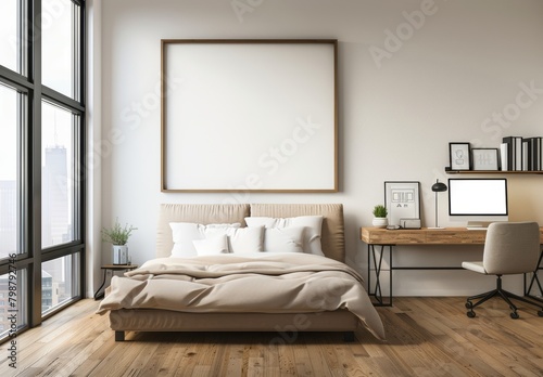 Frame mockup  Empty Picture Frame Mockup in Modern Bedroom with White Bedding  high-resolution  300 DPI 