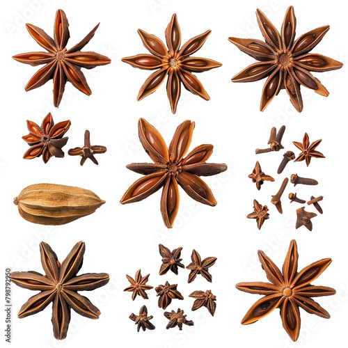 Set of star anise spice fruits and seeds isolated on white background.