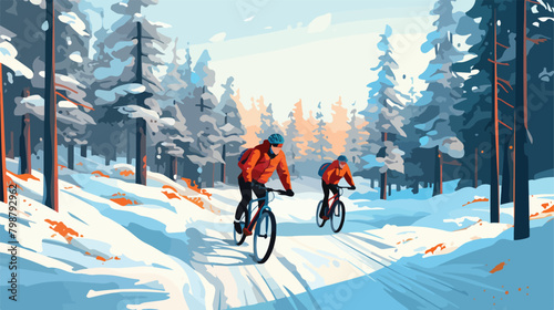 Cyclists travel in winter forest in snow. People ri photo