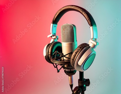 A close-up of a microphone and headphones for podcasting or ASMR sounds on black stand in a neon led lighting, cyan and magenta, in a sound recording studio. photo