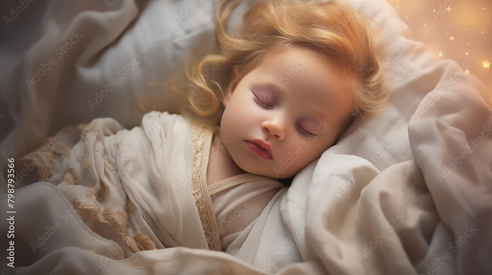 Obraz premium Child sleeping and dreaming in his bed under the stars.