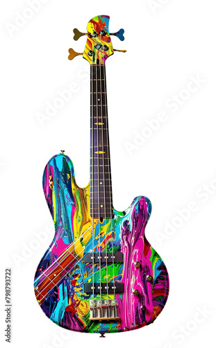 Two crossed colorful bass guitars, isolated on white background.