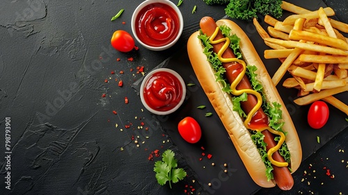 hot dog with ketchup and mustard, Generative AI,