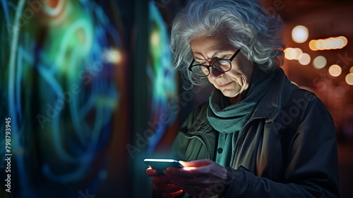 Image of adult mature woman with long white hair holding smartphone isolated in the neon lights of the night city
