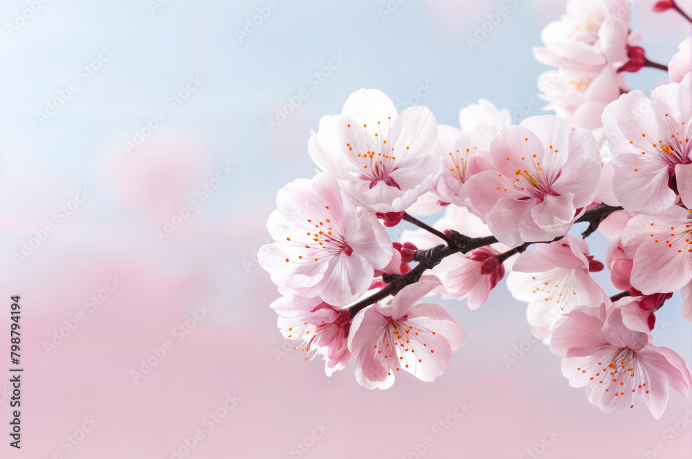 Branch of blossoming cherry against background of blue sky. Pink sakura flowers, dreamy romantic image spring, landscape panorama, copy space. Branch of blossoming cherry against background of blue sky. Pink sakura flowers, dreamy romantic image spring, landscape panorama, copy space.