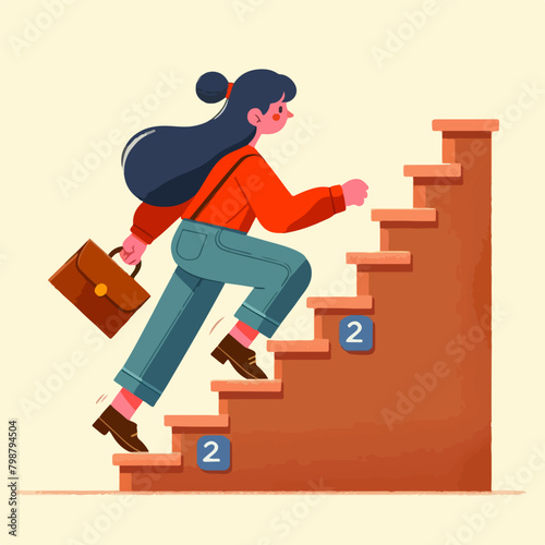 Girl in blue jeans and backpack climbs up the ladder