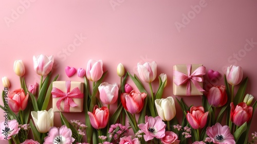 vibrant tulips and roses with a gift box on a pink background. Perfect for Valentine's Day, Mother's Day, or any special occasion. photo