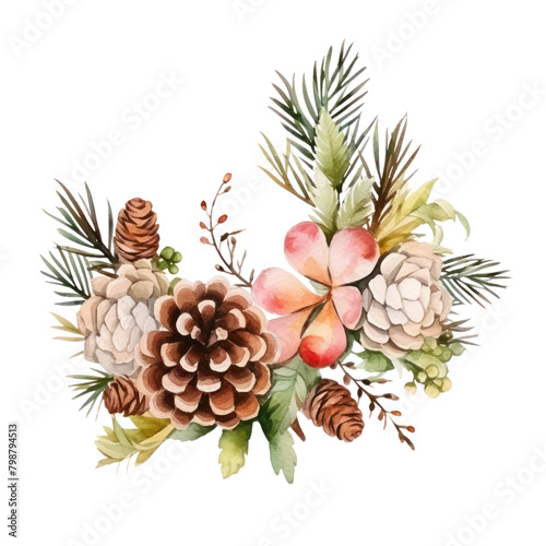 A watercolor painting of a wreath made of pine cones, flowers, and leaves.
