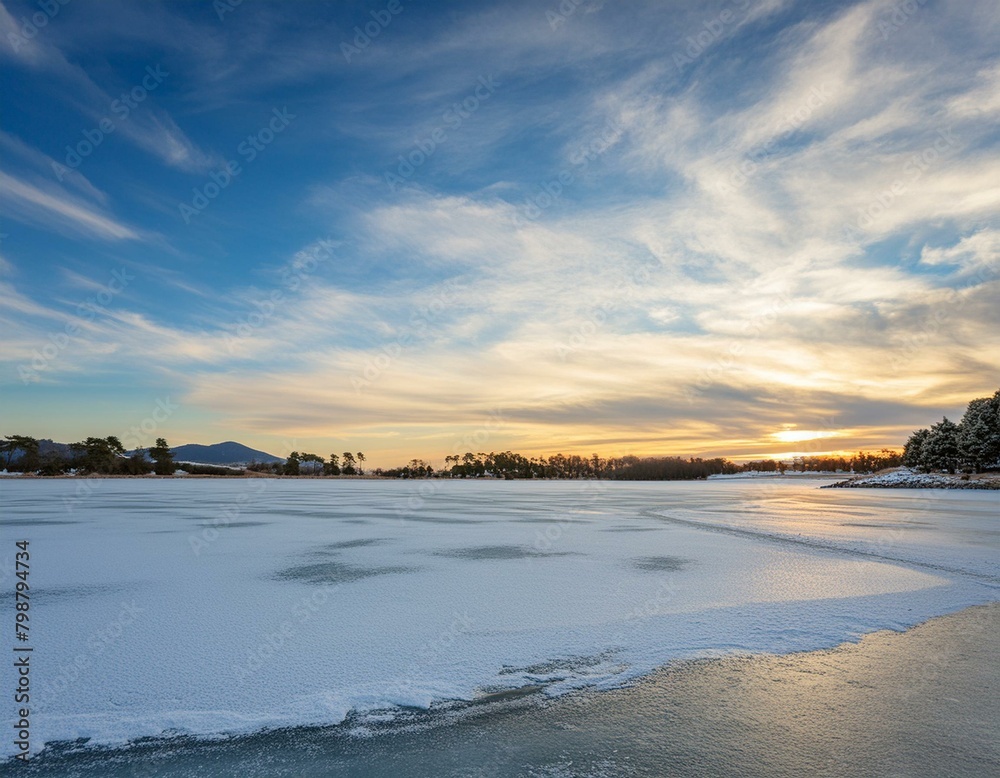 Obraz premium A frozen lake with a beautiful blue sky in the background. The sky is cloudy and the sun is setting