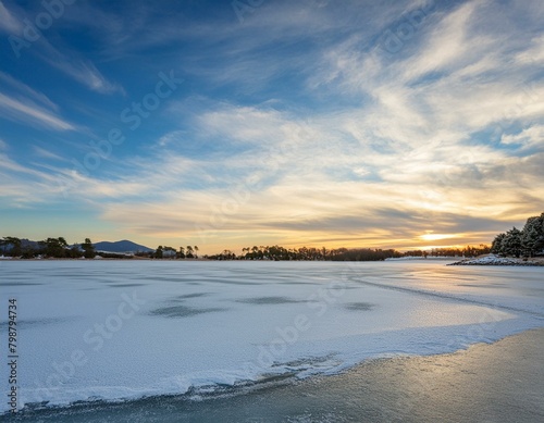 A frozen lake with a beautiful blue sky in the background. The sky is cloudy and the sun is setting