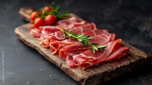 sliced ham on a wooden board, Generative AI,