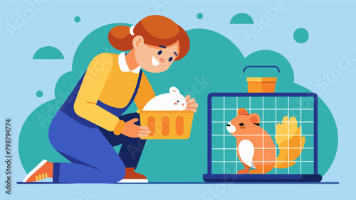 A firsttime pet owner carefully cleans out a hamster cage grateful for the opportunity to show their love and responsibility on Pet Care Day.