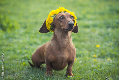 red dachshund in a green flowery meadow in a wreath of dandelions photo