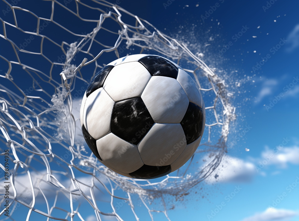 Fototapeta premium Soccer Ball Hitting the Back of the Net Against a Clear Blue Sky