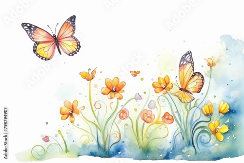 butterfly on flower watercolor, delicate butterfly on flower watercolor