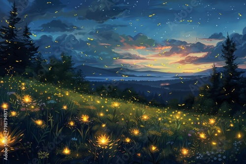 Atmospheric scene of fireflies lighting up a twilight meadow, creating a magical summer night ambiance that captivates and delights © Samon