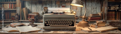Atmospheric shot of a vintage writer   s desk with an old typewriter, scattered manuscripts, and a dimly lit lamp, evoking a nostalgic and creative ambiance photo