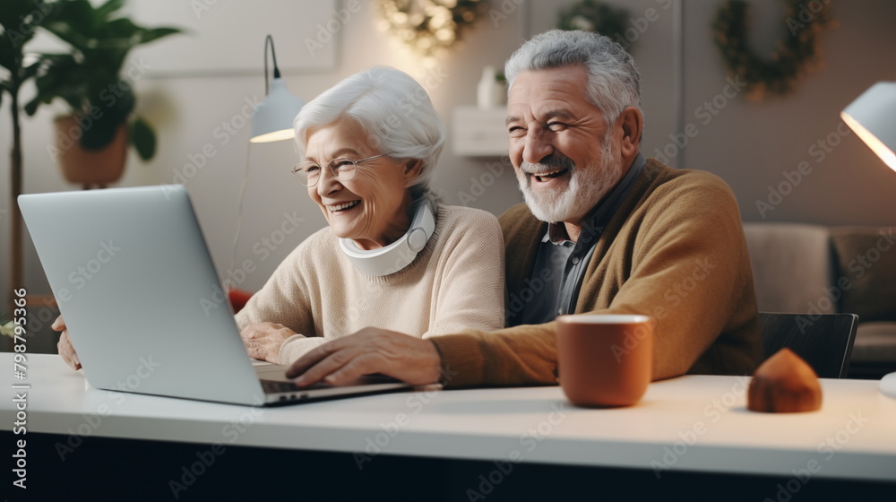 Middle-aged couple communicate via video link with relatives. Senior man and woman are looking at a laptop Middle-aged couple communicate via video link with relatives. Senior man and woman are looking at a laptop