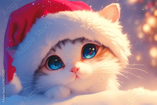 cute cartoon cat wearing christmas hat in the snow photo