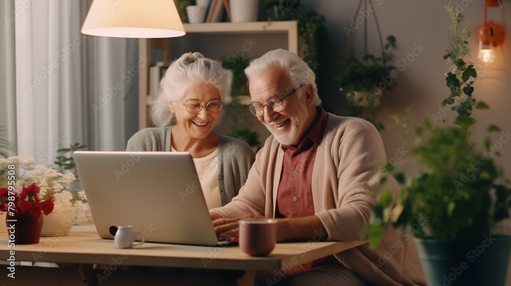 Middle-aged couple communicate via video link with relatives. Senior man and woman are looking at a laptop Middle-aged couple communicate via video link with relatives. Senior man and woman are looking at a laptop