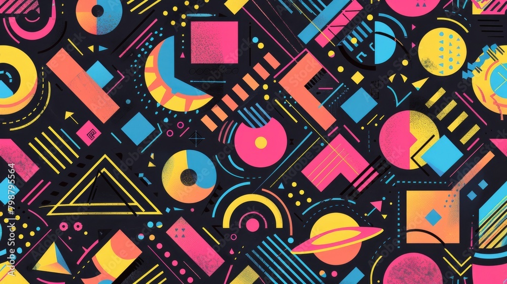 Design a seamless pattern background inspired by the bold geometric shapes and vibrant colors of 80's and 90's retro design.