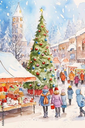 Christmas market watercolor, bustling Christmas market watercolor