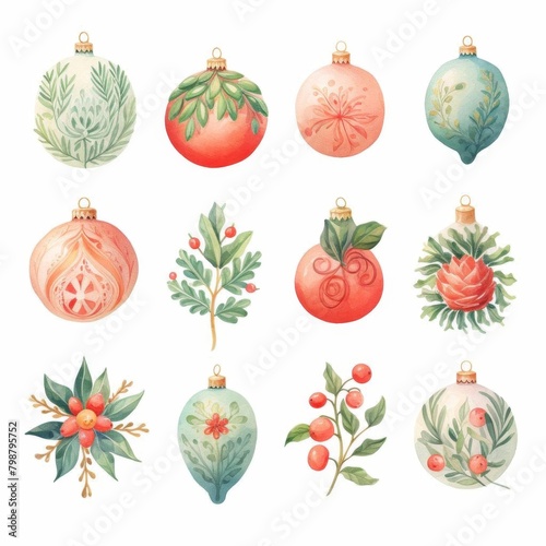 Christmas ornaments watercolor, colorful Christmas ornaments watercolor photo