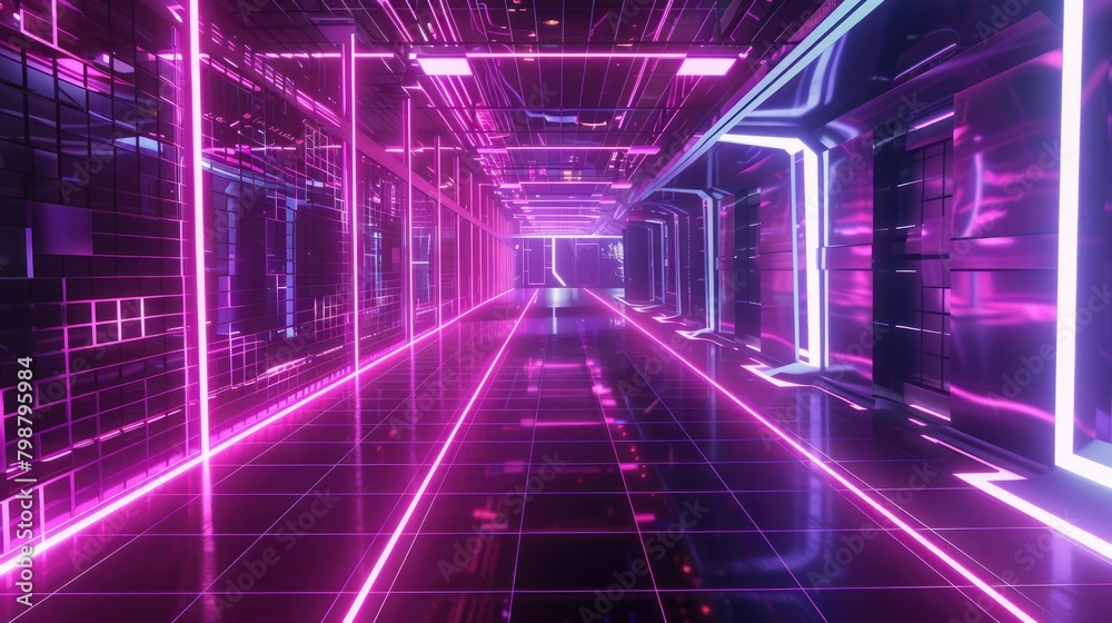 Specify the inclusion of neon grid patterns and futuristic elements, inspired by the cyberpunk aesthetic popularized in 90's science fiction and anime. Specify the inclusion of neon grid patterns and futuristic elements, inspired by the cyberpunk aesthetic popularized in 90's science fiction and anime.