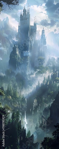 Craft a mesmerizing low-angle view of a mystical castle towering above ancient forests, shrouded in misty, ethereal light