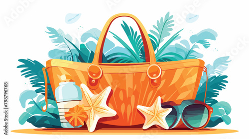 Beach bag or purse with sunglasses flip-flops tube