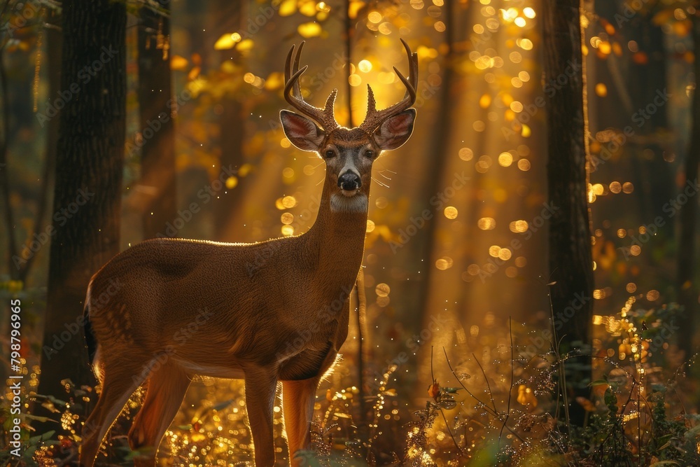 Fototapeta premium Sika deer against the backdrop of a forest fire