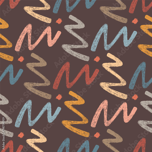 Abstract Seamless Pattern of Hand-Drawn Colored Zigzag Scribbles. Style of Children's Drawing.