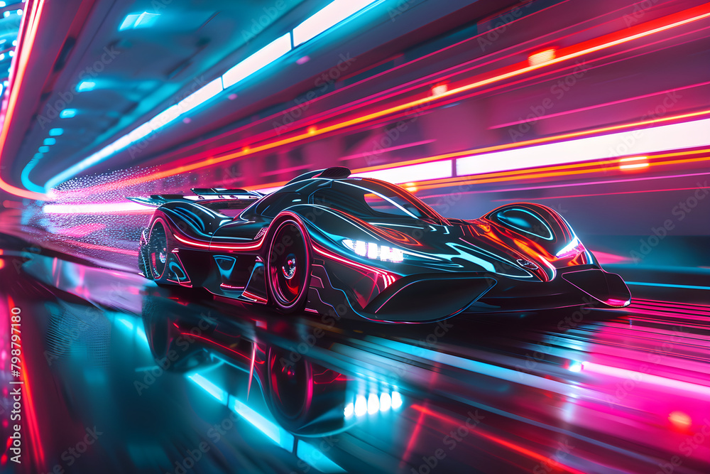 Powerful acceleration of futuristic sports supercar on neon night highway track with colorful lights and trails. Intense and vibrant atmosphere.