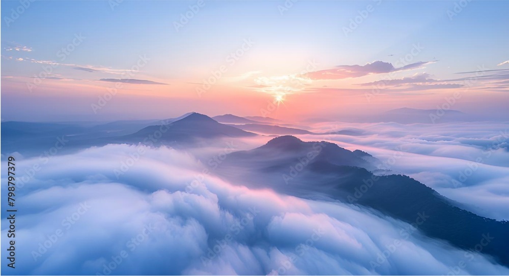 A view from the top of the mountain looking down at the mountain below,The sun is rising