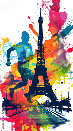 Une illustration d'un coureur en train de faire un marathon à Paris au format portrait. En arrière-plan, la Tour Eiffel.