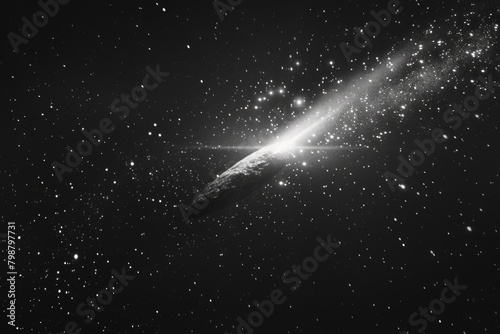 Black and white photo of comet with bright light shining on it