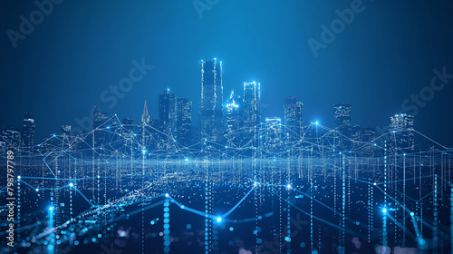 Internet speed Data communication connection network frame Modern industrial skyline city structure, city internet of things concepts wireless technology information system, abstract blue background. 