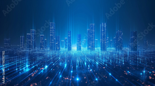 Internet speed Data communication connection network frame Modern industrial skyline city structure  city internet of things concepts wireless technology information system  abstract blue background. 