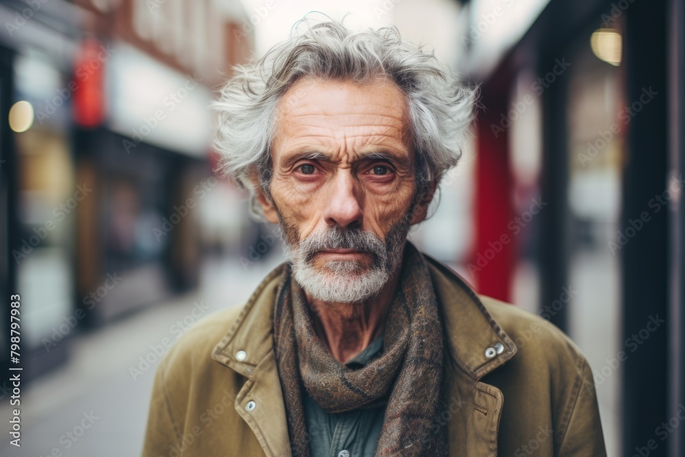 Portrait of senior man with grey hair in the city street.