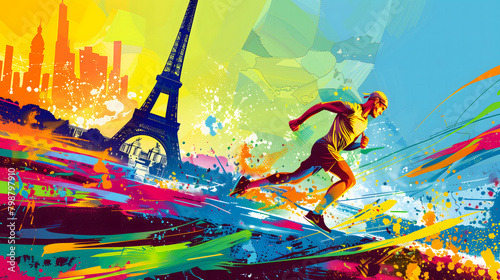Une illustration d'un coureur en train de faire un marathon à Paris. En arrière-plan, la Tour Eiffel. photo