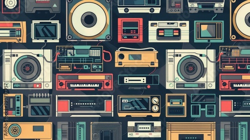 Detail the inclusion of cassette tapes, floppy disks, and other vintage technology icons in a repeating pattern, celebrating the technological innovations of the era. photo