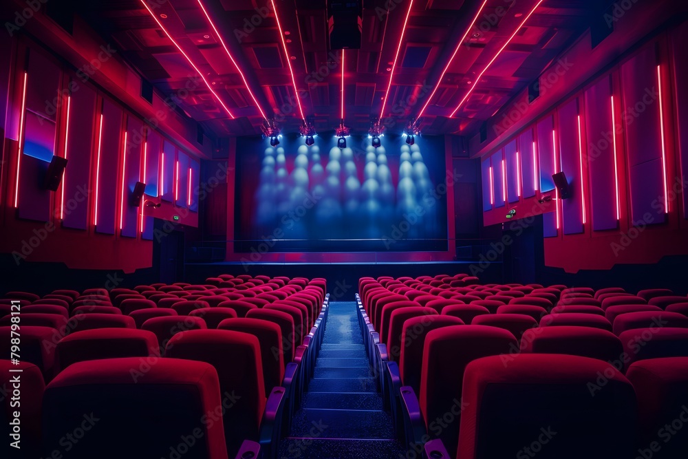 An empty cinema hall illuminated with neon lights casts a modern and atmospheric glow over rows of plush red seats, leading the eye towards the blank screen awaiting its next story to tell An empty cinema hall illuminated with neon lights casts a modern and atmospheric glow over rows of plush red seats, leading the eye towards the blank screen awaiting its next story to tell