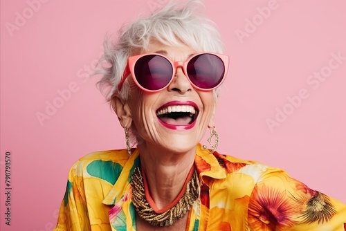 Portrait of a beautiful senior woman wearing sunglasses over pink background.