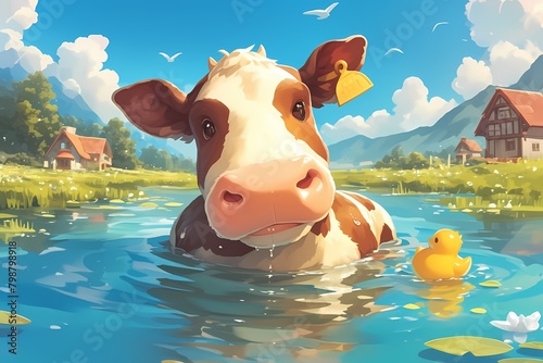 cute cartoon cow in river water photo