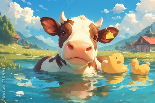 cute cartoon cow in river water