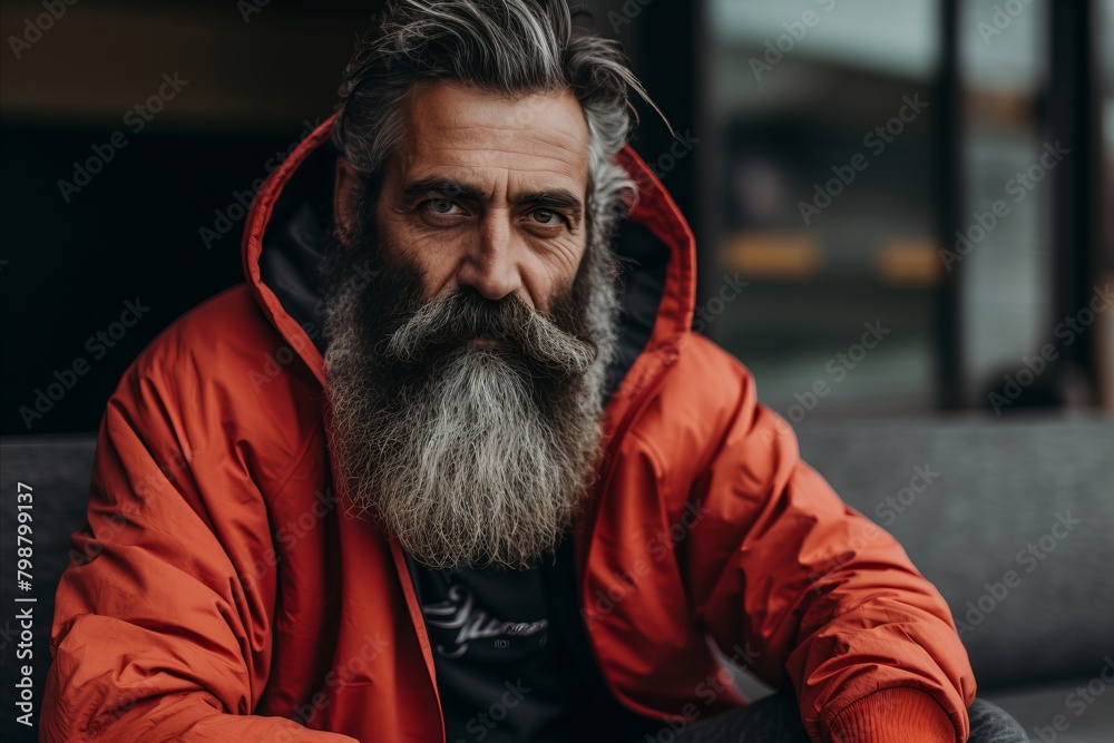 Fototapeta premium Handsome bearded man with long gray beard in red jacket sitting on sofa and looking at camera