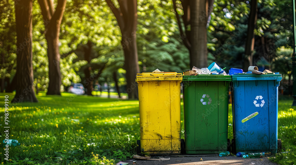 Recycling bins located in a green city park offer designated areas for sorting different types of waste. Recycling bins located in a green city park offer designated areas for sorting different types of waste.
