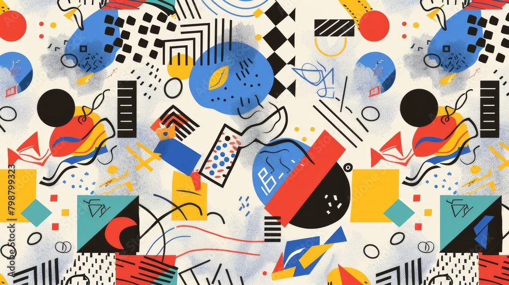 Create a seamless pattern background with a Memphis design influence, featuring bold geometric shapes, squiggles, and abstract patterns in a playful and eclectic arrangement. Create a seamless pattern background with a Memphis design influence, featuring bold geometric shapes, squiggles, and abstract patterns in a playful and eclectic arrangement.
