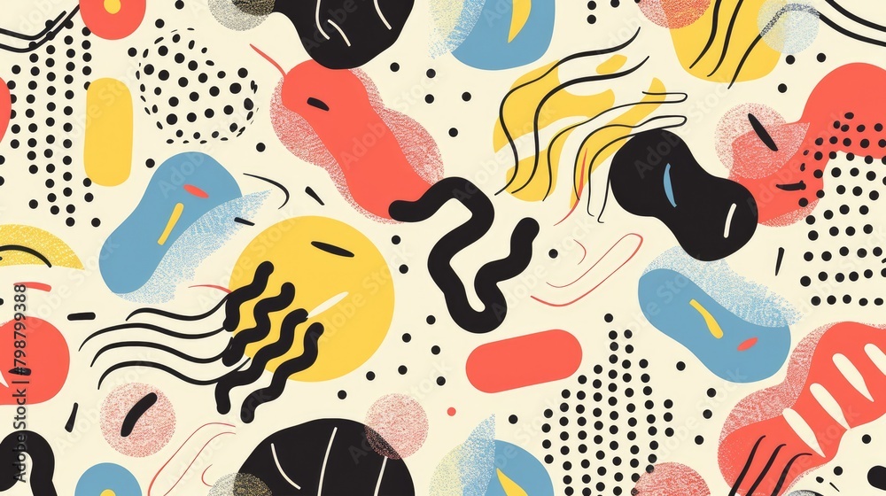 Create a seamless pattern background with a Memphis design influence, featuring bold geometric shapes, squiggles, and abstract patterns in a playful and eclectic arrangement. Create a seamless pattern background with a Memphis design influence, featuring bold geometric shapes, squiggles, and abstract patterns in a playful and eclectic arrangement.