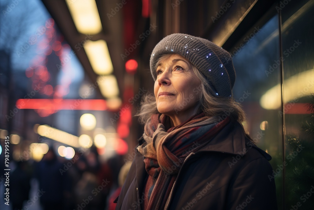 Portrait of an elderly woman in the city at night in winter